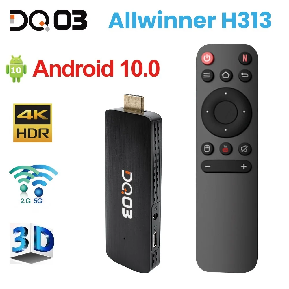 2024 DQ03 Mini TV Stick Android 10 with Quad Core ARM Cortex A53 CPU 2GB 16GB 1GB 8GB Support 4K@60fps HDR10+ H.265 Dual Wifi