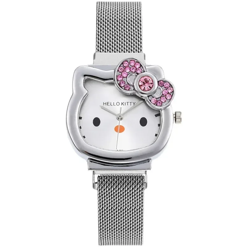 New Hello Kitty Watch Metal Vintage Diamond Bow Ladies Watchs Kawaii Girl Birthday Gift Cute Cartoon Anime Student Magnet Strap