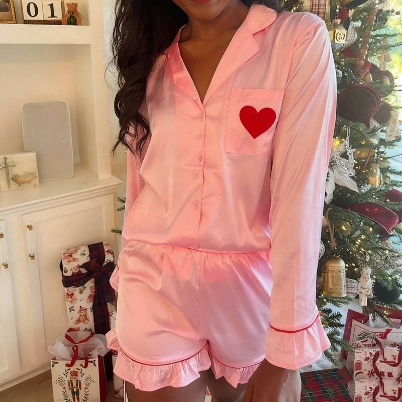 

Valentine's Day Sleepwear Heart Print Satin Silk 2 Piece Button Up Blouse Shirt + Ruffles Hem Shorts Women Pajamas Loungewear