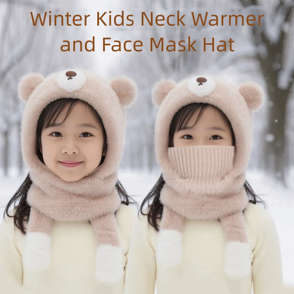 Personality Elastic Children Pullover Cap Small Bear Korean Style Snow Beanie Dome Headgear Winter Scarf for 4-10Years Old