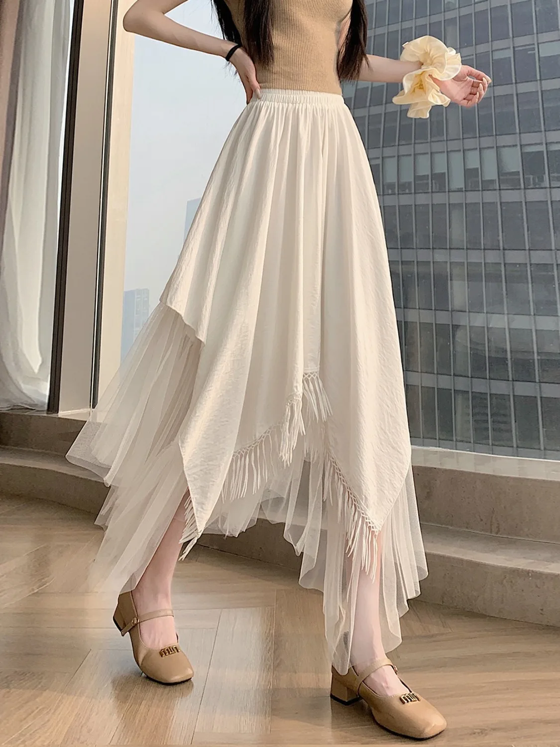 

Женская юбка А-силуэта с асимметричным кружевом и бахромой, новая модель весна-лето, с завышенной талией, в корейском стиле, для повседневной носки