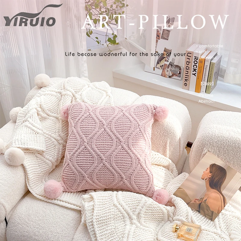 YIRUIO Cute Pompons Cable Knit Pillow Case 45*45cm Kawaii Soft Cozy Chenille Decorative Pillow Cover For Bed Sofa Cushion Cover