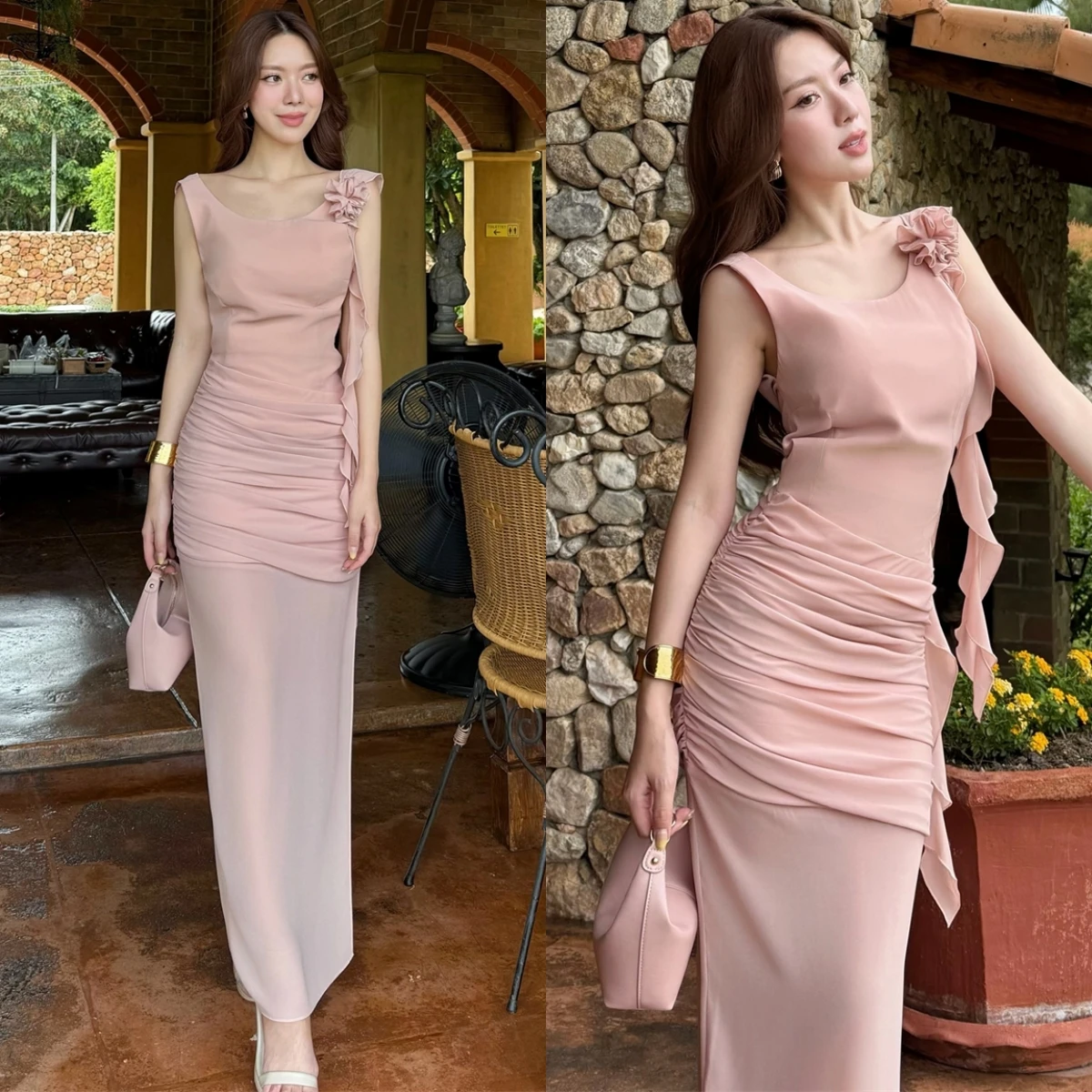

Customized Classic Pink Chiffon Evening Dress Formal Scoop Sleeveless Celebrity Gowns Delicate Straight Flowers Party Dresses