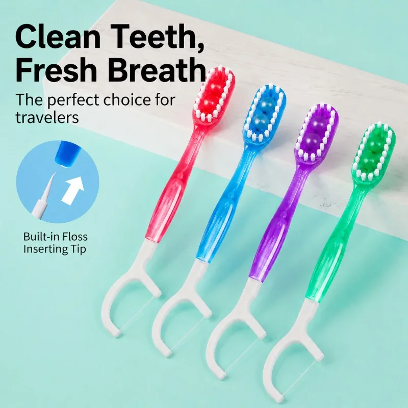 Portable Travel Multi-functional Disposable Toothbrush with Dual Burst Fresh Beads No Rinse Needed Built-in Tongue Scraper Deep