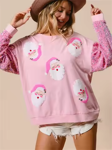 Women Christmas Glitter Patchwork Sweatshirt Sequin Sparkly Funny Santa Pullover Top Oversized Crew Neck Long Sleeve Sweatshirts