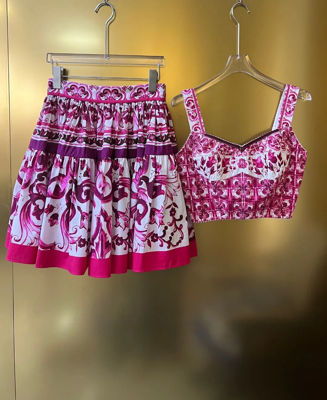 HIGH QUALITY Summer Women Fuchsia And White Porcelain Print Cotton Corset Top and Mini Skirt Set Fashion Holiday Outfit 2024