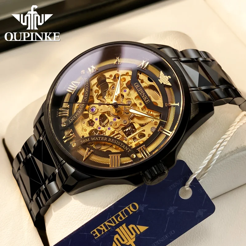 OUPINKE 3210 Automatic Mechanical Watch for Men 3D Fully Hollow Out Luxury Man Watch Tungsten Steel Strap Waterproof Men's Watch