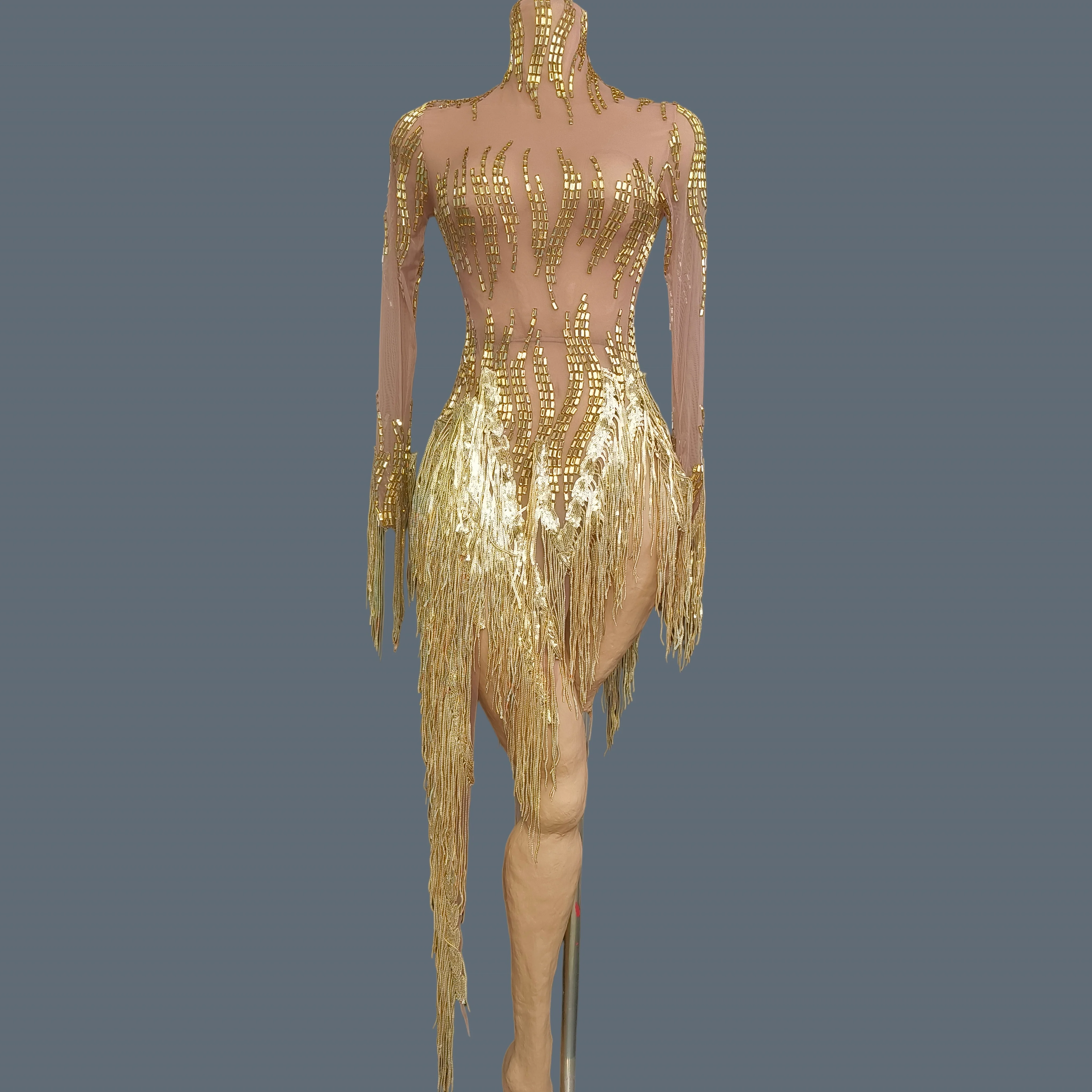 

Sparkly Rhinestone Golden See Through Mesh Mini Dress Event Stage Show Ladies Latin Dance Wear Party Sequins Tassel Outfit Reqi