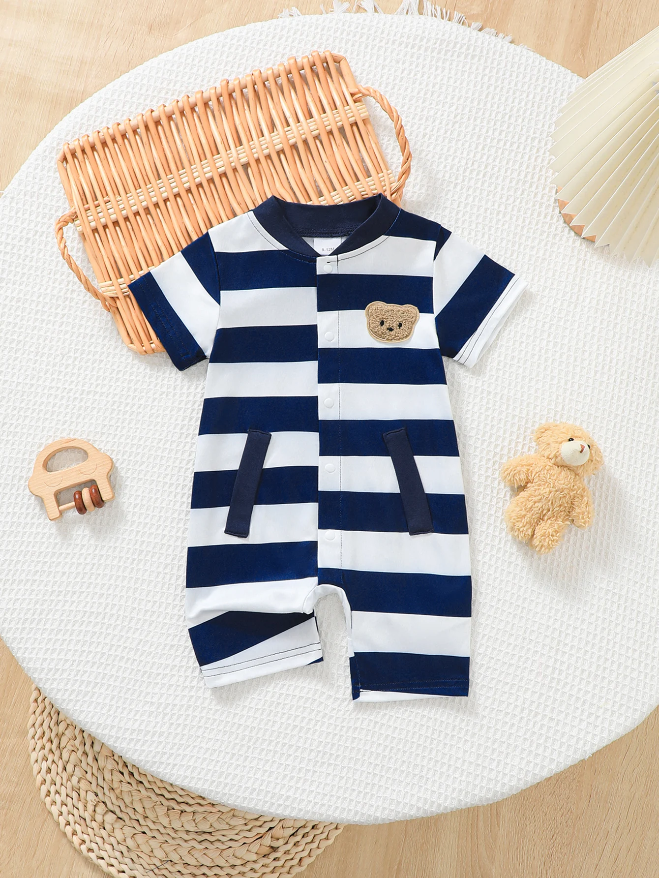 Summer Stripe Bear Pattern Boys' Short Sleeve Stand Collar Romper Casual Comfortable Cute Outdoor Outfit Baby Bodysuit
