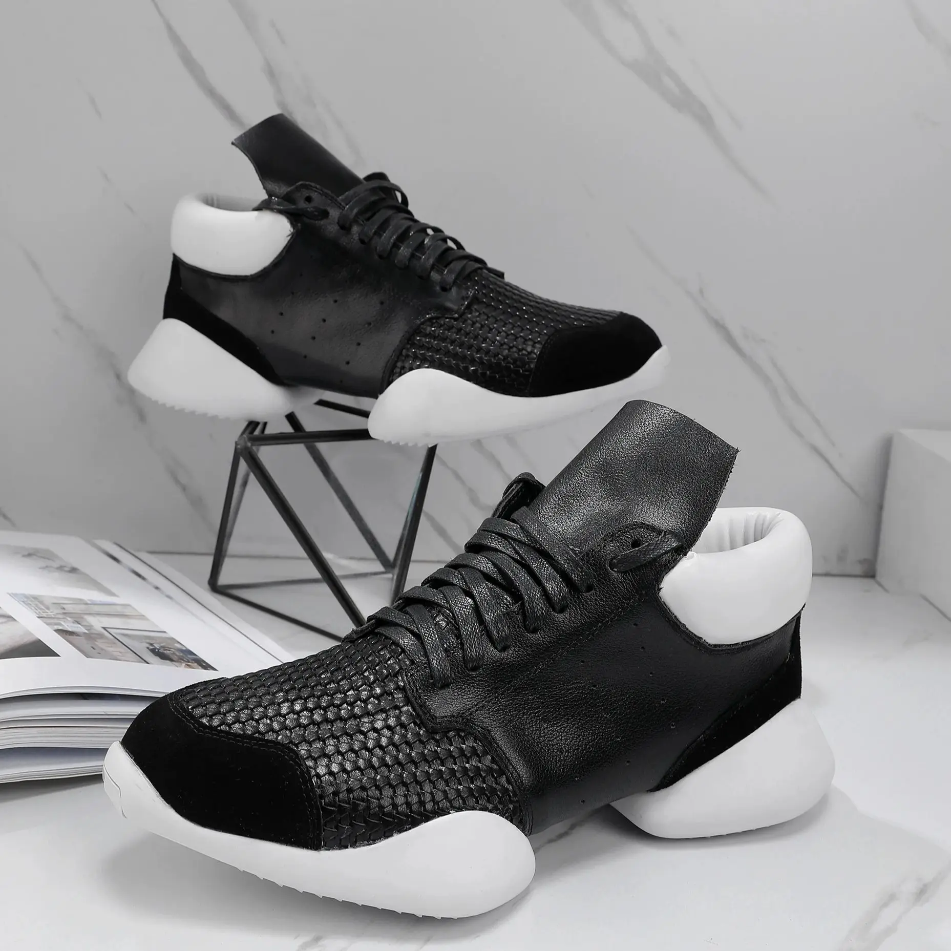 Handmade Knit Real Leather Kunky HorseSole Casual Street Walking Shoes
