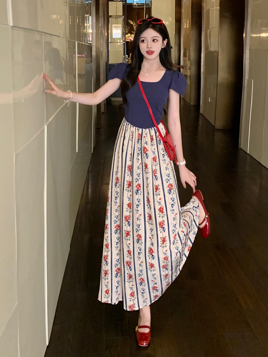 Retro Floral Print Maxi Dr Women's Summer Faion Slimming A-Line Gown Ele plus Size Fake Two-Piece Sle ort Sve