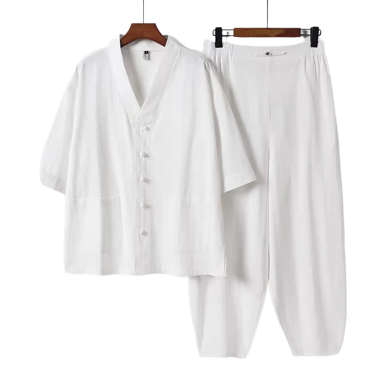 ensemble-2-pieces-en-coton-et-lin-pour-hommes-chemise-boutonnee-a-col-en-v-pantalon-a-cordon-de-serrage-vetements-de-maison-decontractes-et-amples-ete