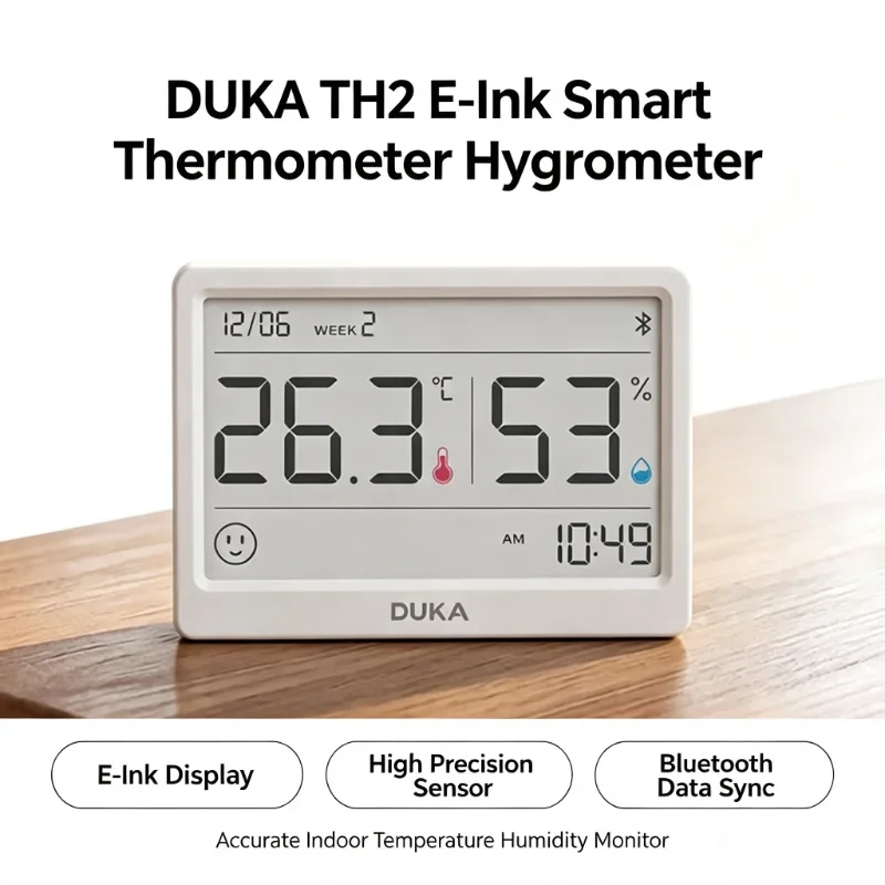DUKA E-Ink Screen Smart Thermometer Hygrometer Bluetooth High Precision Indoor Temperature Humidity Monitor Digital Clock TH2