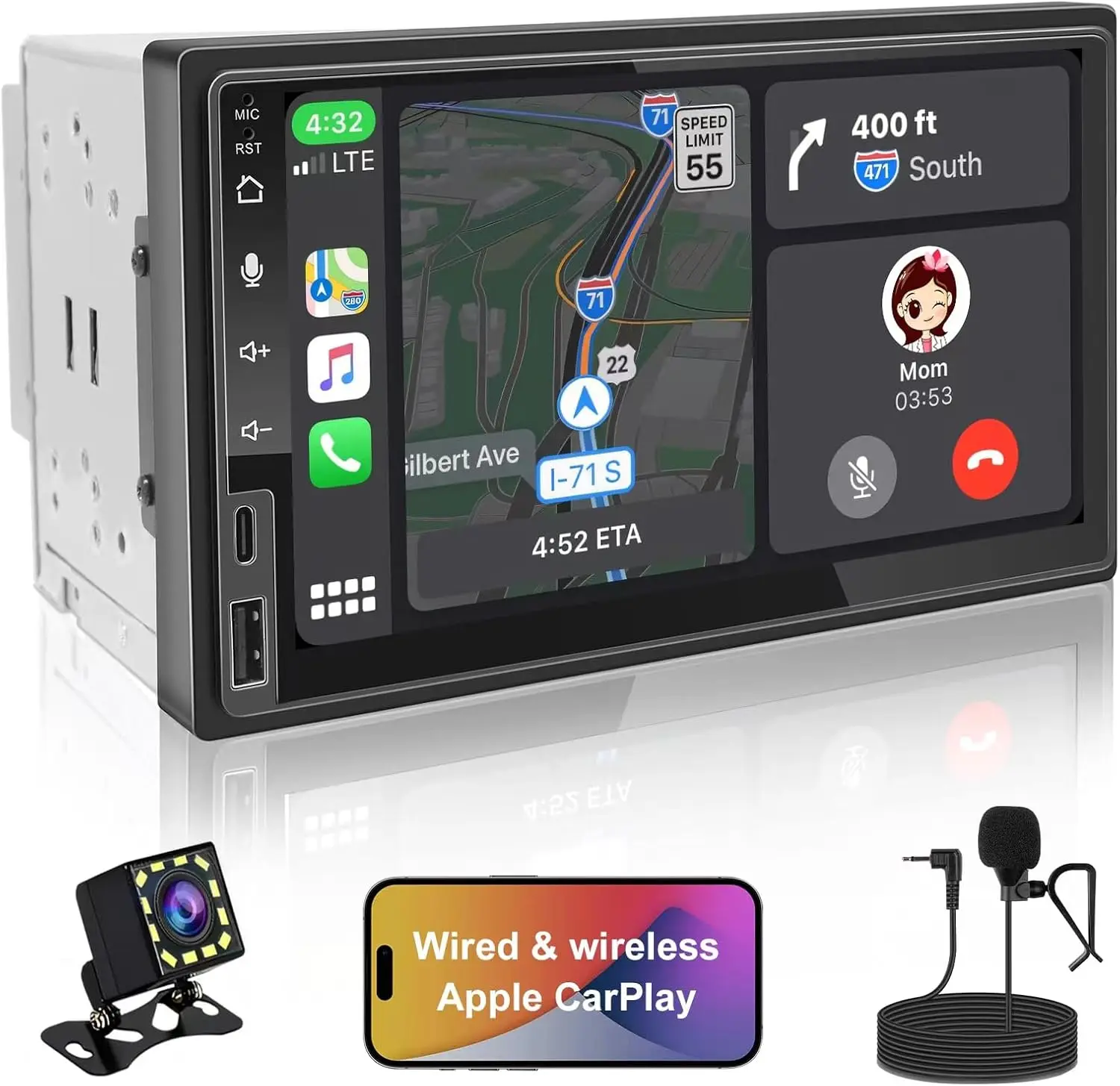 

7-футовая автомобильная стереосистема с беспроводным CarPlay и Android Auto, Bluetooth, Wi-Fi, камера заднего вида, быстрая зарядка, USB/AUX, 2+32 ГБ