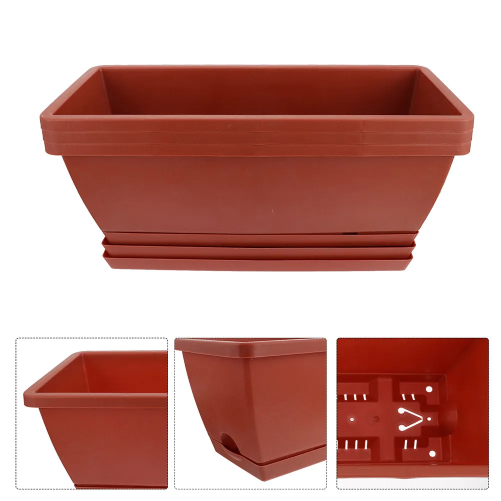 4Sets Rectangular Planter Box Window Box Planter for Vegetables Flowers Succulents Drainage Saucer Resin Flower Pot Garden Patio