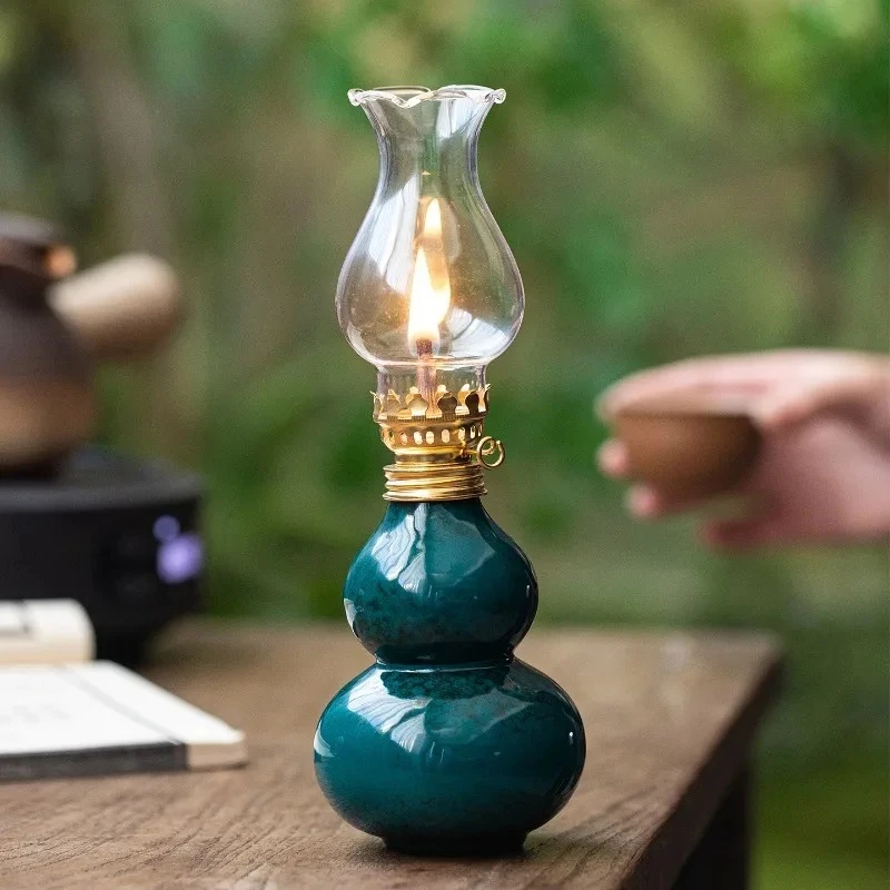 Fortune and Prosperity Ceramic Kiln Transformed Gourd Pastry Oil Lamp Household Lamp Decoration Chinese Tea Room Long Lit Lamp