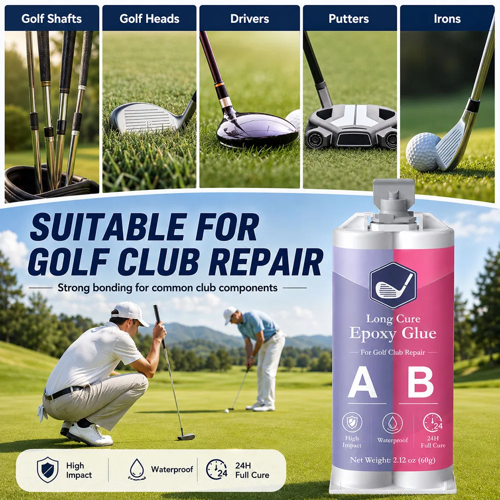 Golf Club Epoxy Glue 60g, Long Cure AB Adhesive for Shaft & Head Repair, Waterproof Strong Bond Glue, 24H Full Cure