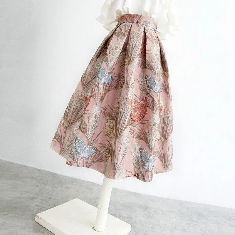 

2024 New Solid Elegant Stain Women's Pleated Skirts Flower Print High Waist Skirts Mi-long Umbrella Skirt Spring Summer S36