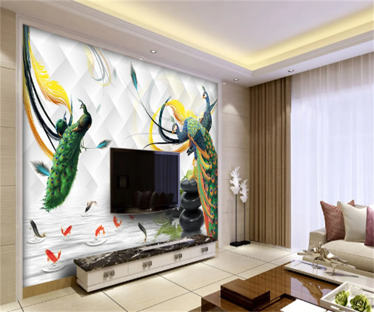 Customized 3D any size wallpaper mural peacock pebbles nine fish picture living room TV background wall decoration painting