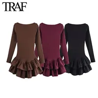 TRAF Dress for Women Fashion Autumn Winter New Layered Decorative Long Sleeves Mini Dresses French Chic Female Evening Clothing