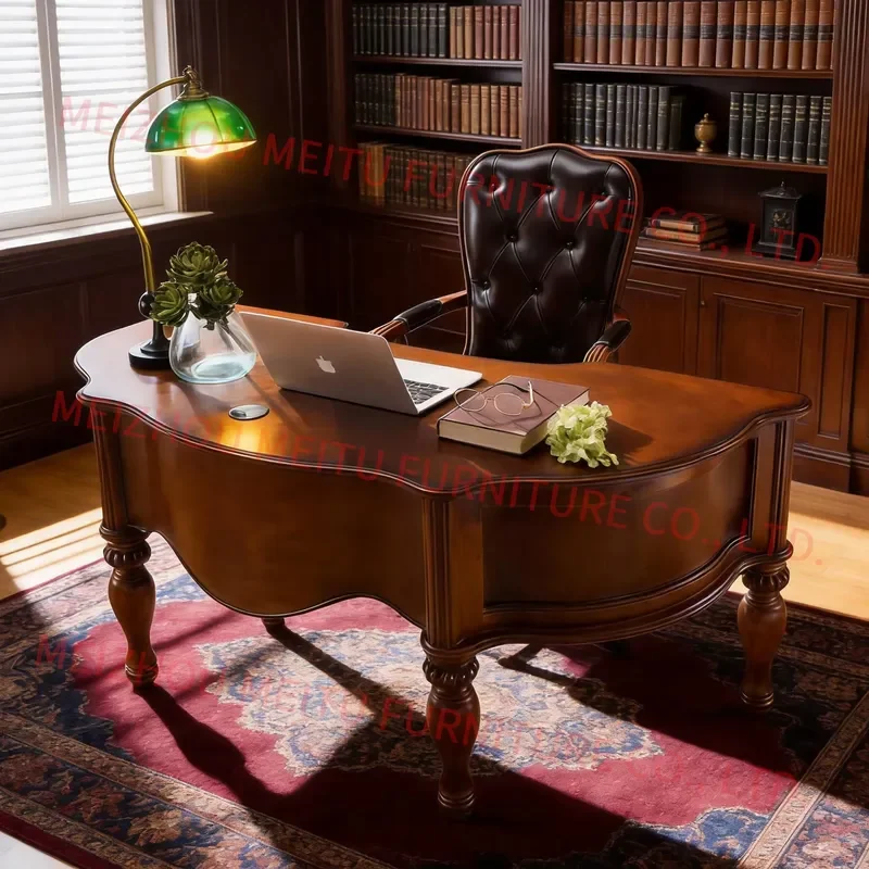 Solid Wood Cherry Finish 60-Inch Writing Desk with Keyboard Tray and 4 Storage Drawers Vintage Curved Desk for Home Office 4