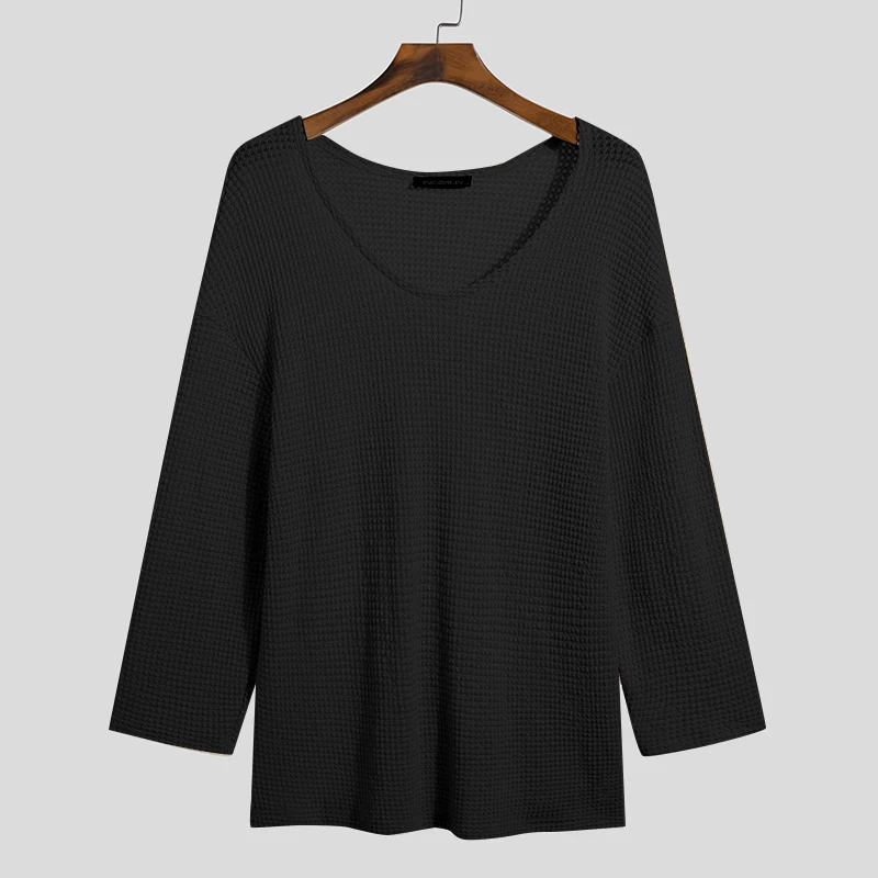 INCERUN Männer T Shirt Einfarbig Gestrickte V-ausschnitt Langarm Casual Männer Kleidung Streetwear 2023 Aushöhlen Lose Camisetas s-5XL