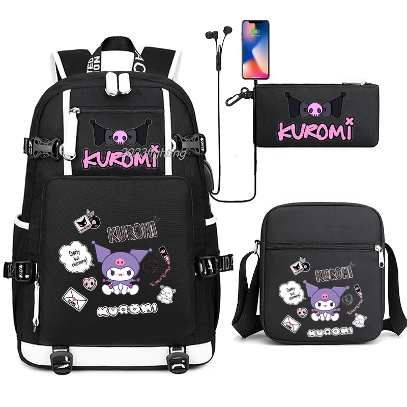 Black Kuromi Backpacks USB Girl School Bag Teenage College Style Students Women SchoolBag High Student Bag Laptop Canvas Mochila