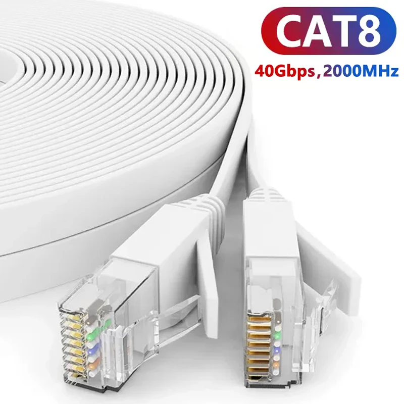 CAT8 CAT6 Flat Ethernet Cable 40Gbps 2000MHz CAT 8 6 RJ45 STP/FTP Shielded Internet Lan Cord for Router Modem PC Laptop Gaming