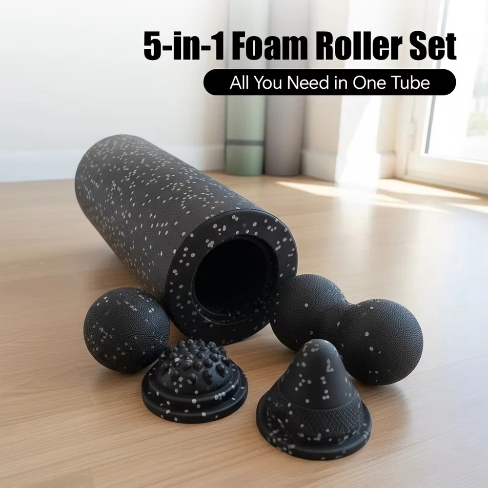 Set de 5 Rodillos de Masaje para Recuperación Muscular - Rodillo de Espuma Vibratorio y Pelota de Masaje en Forma de Cacahuete para Espalda, Cuello, Piernas, Yoga y Ejercicio
