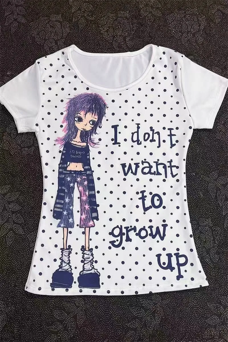 Japanese Y2k Tops Summer Kawaii Harajuku Style Retro Dots Funny Graphic Print T-Shirt Cute Gyaru Slim Fit Cool Tees 2025 New In