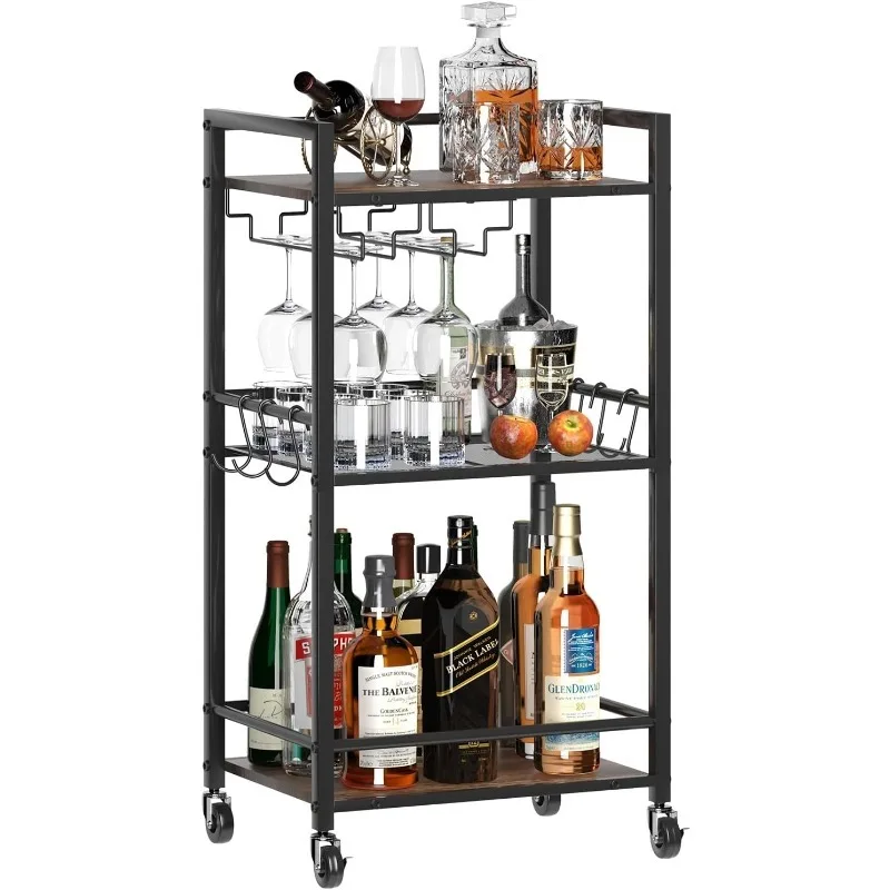 Bar Cart for The Home, 3 Tier Small Drink Serving Cart on Wheels with Glass Holder, Mini Beverage Utility Cart