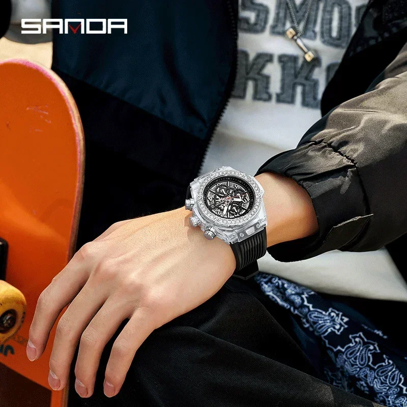 2025 SANDA New Cross-border Hot Sale Quartz Watch Fashion Trend Men Watch Calendar Glow Perspective Window Watch