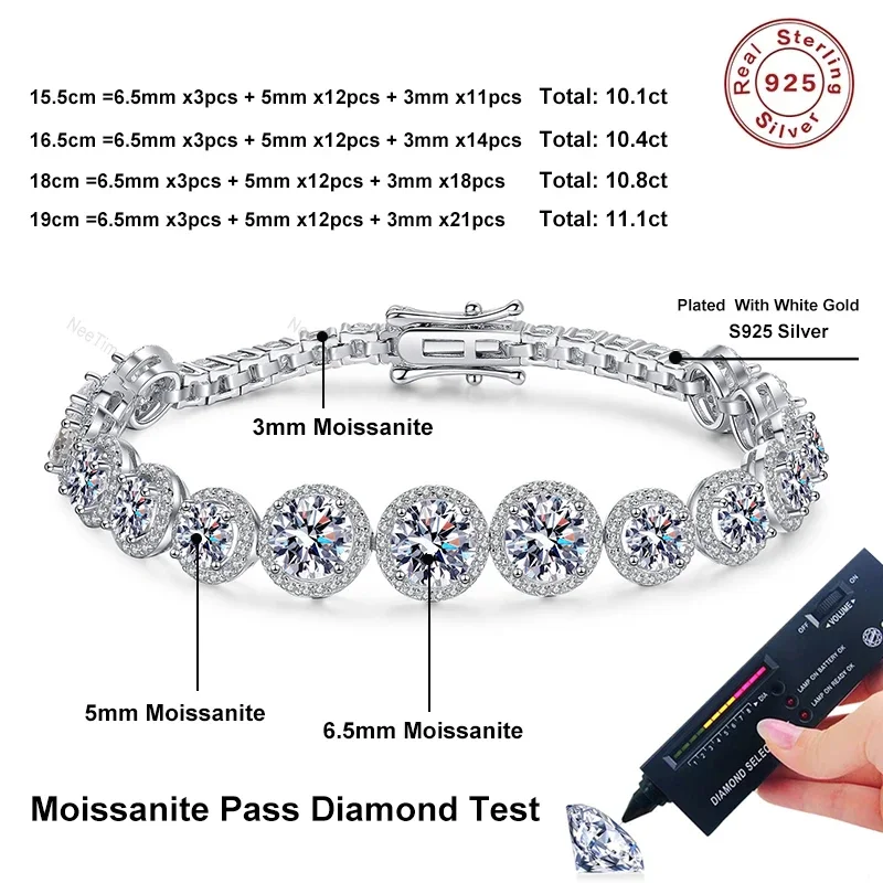 NeeTim D Color Moissanite Tennis Pulseira 925 Prata Esterlina com Branco Banhado A Ouro Pulseiras Brilhantes Chian para Mulheres com GRA