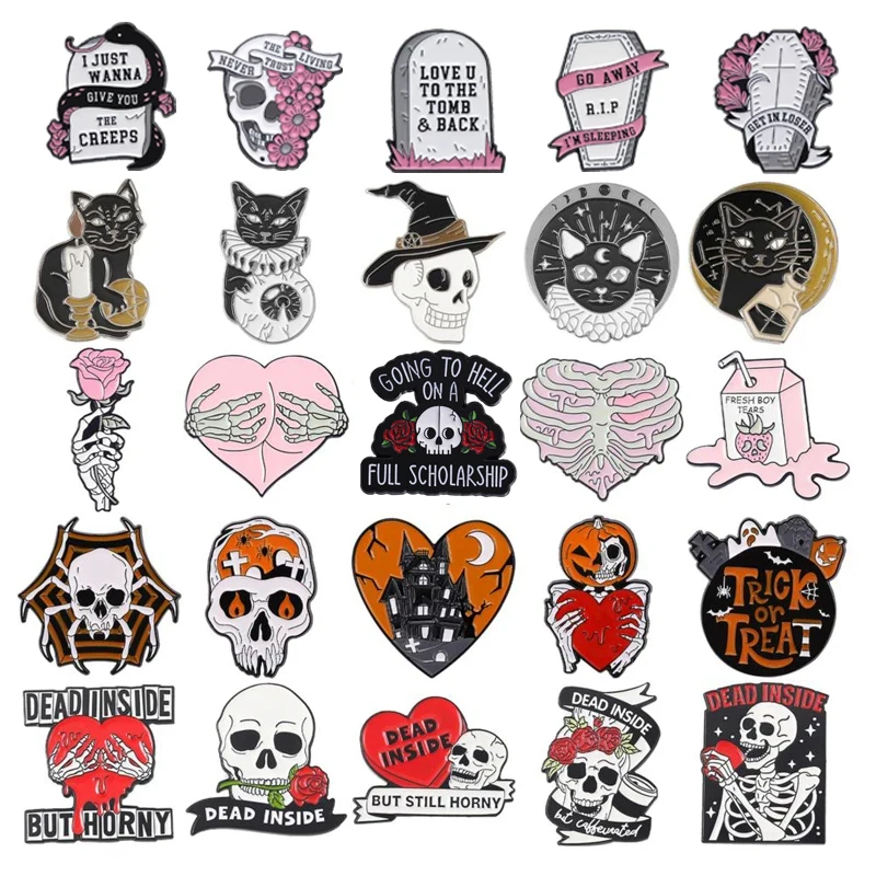 Punk Halloween Enamel Pin Brooch Skull Rose Spider Heart Horror Skeleton Cat Black Horror Skeleton Badge Lapel Jewelry Gift