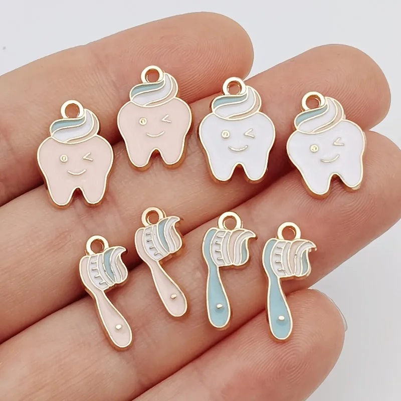 16pcs Cartoon Cute KC Gold Color Enamel Tooth Toothbrush Charms Pendant Designer Charms Fit Jewelry Making DIY Jewelry Findings