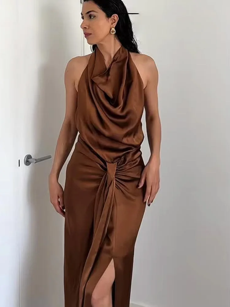 HH Women 2025 Spring New Slim Satin Texture Solid Sleeveless Midi Dress Female Hanging Neck Collar Hollow Out Long Dress