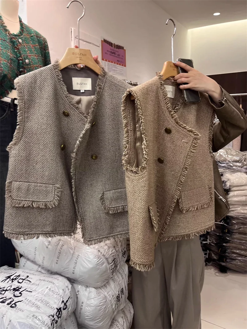 Top Female Women's Jackets Women's Vest Spring and Autumn  Every Temperament  Tassel Small Fragrant Tweed with Tassel Vest top