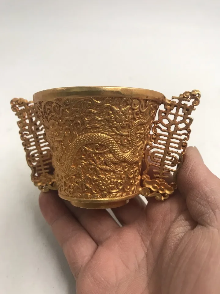 Vintage Collection Gilt Bronze Double Dragon Wine Cup Qianlong Style Antique Statue