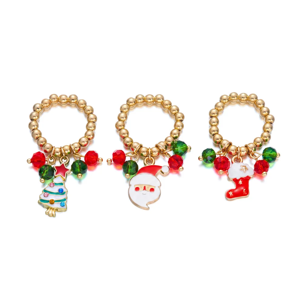 New Christmas Charm Crystal Beaded Ring Set for Women Santa Claus Tree Stocking Dangle Rings Festive Adjustable Jewelry Gift