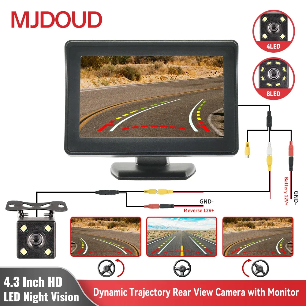 MJDOUD 4.3 Inch Car Monitor with Dynamic Trajectory Parking Line Rear View Camera Automotive Backup Track for Screen Universal