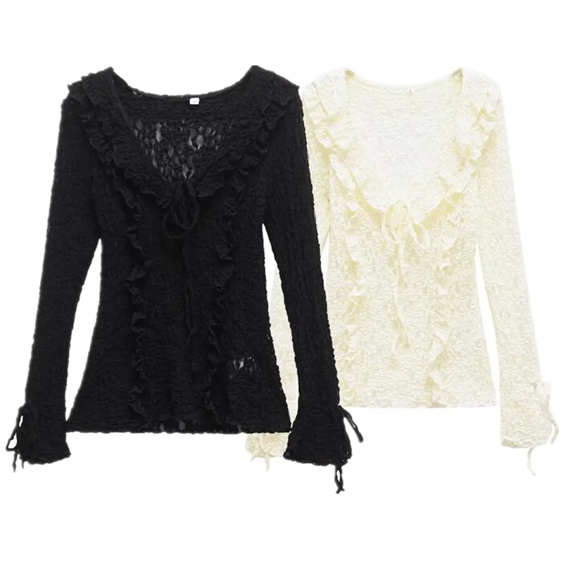 Wiosna 2025 Damska Długa Bluzka z Dekoltem w Serek, Koronkowymi Warstwami i Ozdobami, Modny Design, Uniwersalna, Regularna Długość, Inne Materiały...