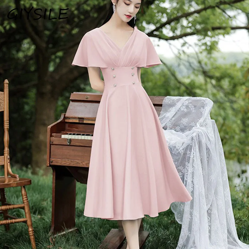 

Elegant Chiffon A-Line Party Evening Dress for Women Pink High Waist with Button Dresses Zipper V-Neck Wedding Party Dress