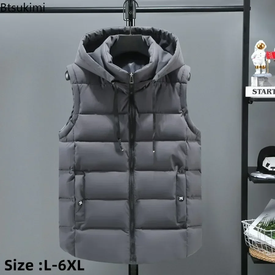 

2025 Men's Hooded Down Cotton Vest Thickened Warm Windproof Sleeveless Jacket Fashion Stand Collar Parkas Vest Male Big Size 6XL