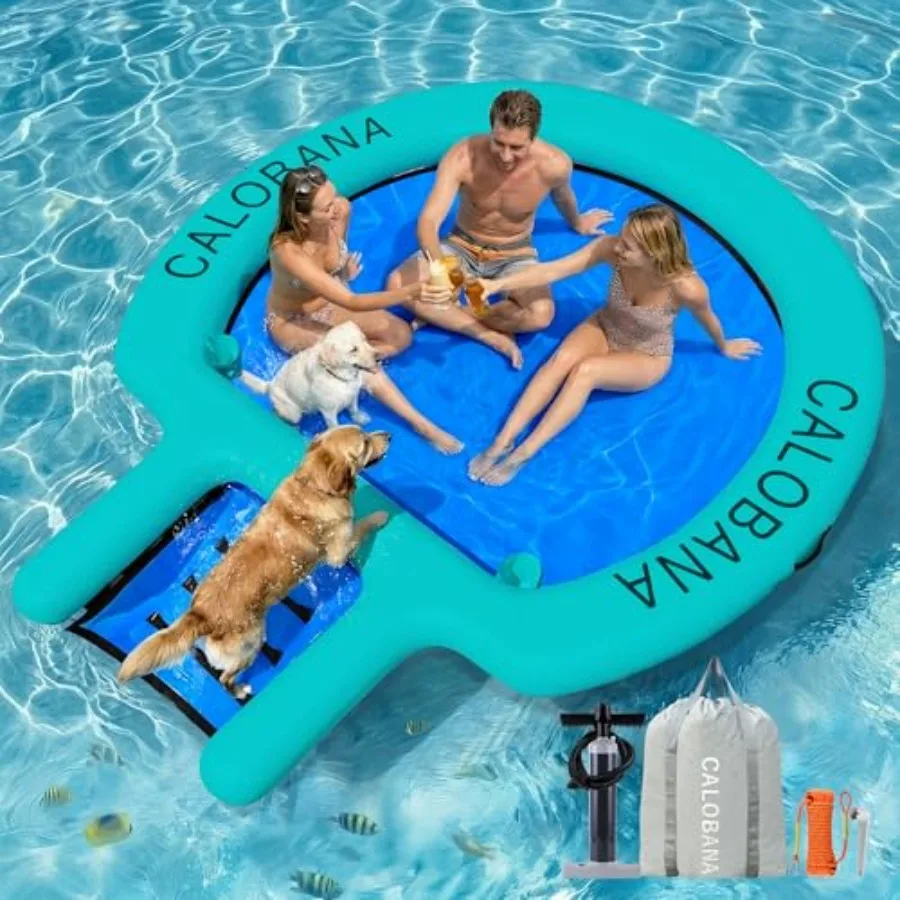 Water Hammock with Ramp, Inflatable Round Floating Ring with Ladder for Adults Pets, Heavy Duty Floating Dock with Dog Ramp Cup