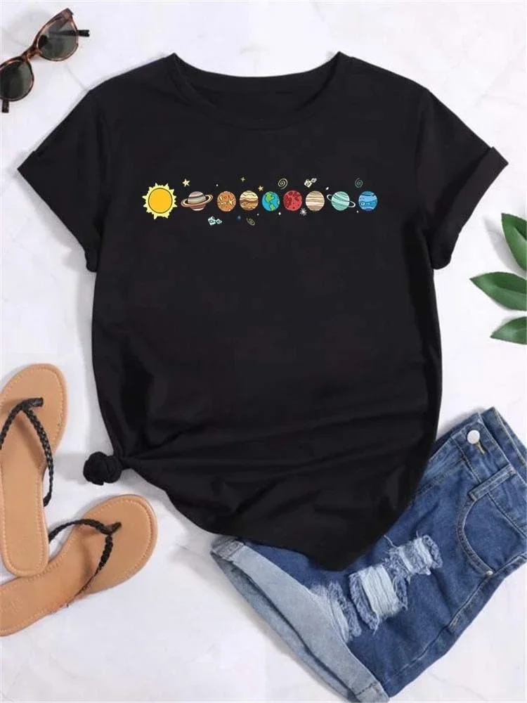 

Girl Fashion Funy Casual Round Neck Short Sleeve Streetwear Female Clothes Vintage Tops Moon Planet Space Women Print T-Shirts