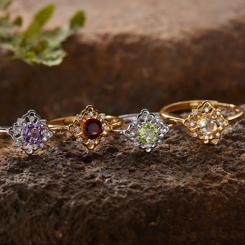 

High-Grade Light LuxuryS925Sterling Silver Plated18KGold Natural Color Gemstone Ring Index Finger RingInsNiche Jewelry Accessori