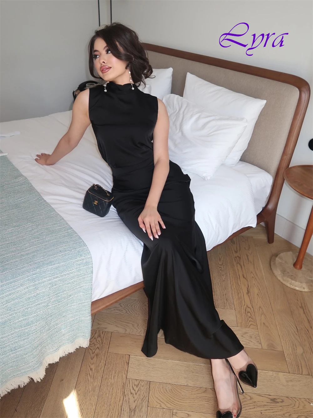 فستان سهرة أنيق مخصص برقبة دائرية وفساتين مناسبة خاصة من الساتان الرائعة وفساتين حفلات بدون أكمام