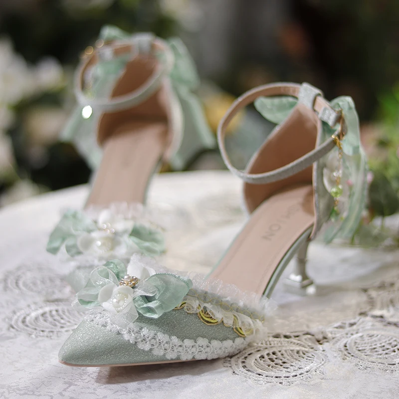 

Lolita High Heels Floral Wedding Shows Green Pointed High Heels Slim Heels Shallow South Lo Shows Daughter's Adult Gift