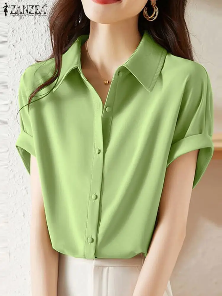 

Summer Lapel Neck Short Sleeve Blouse Fashion Women Solid OL Work Shirt 2023 ZANZEA Elegant Tops Tunic Casual Buttons Up Blusas