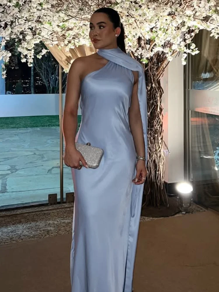 Elegancki pasek dekolt w serek długa sukienka na imprezę kobiety solidna bez rękawów Backless linia A luźne sukienki 2025 moda wieczorowa plisowana szata